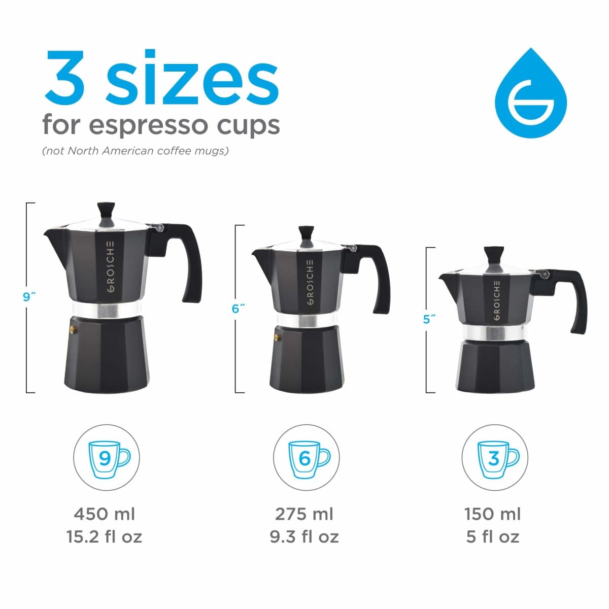 GROSCHE Milano Stovetop Espresso Maker Moka Pot 9 espresso Cup 15.2oz Black thumbnail 3