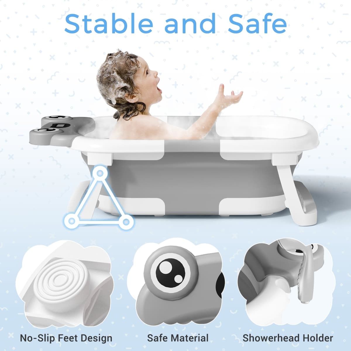 BUNWAG Baby Bathtub, Collapsible Newborn Bathtub for Infant to Toddler with Soft Cushion and Thermometer,Portable Travel Newborn Tub with No-Slip Feet, Baby Shower Gifts, 0-12 Months Baby Bath, Grey thumbnail 2