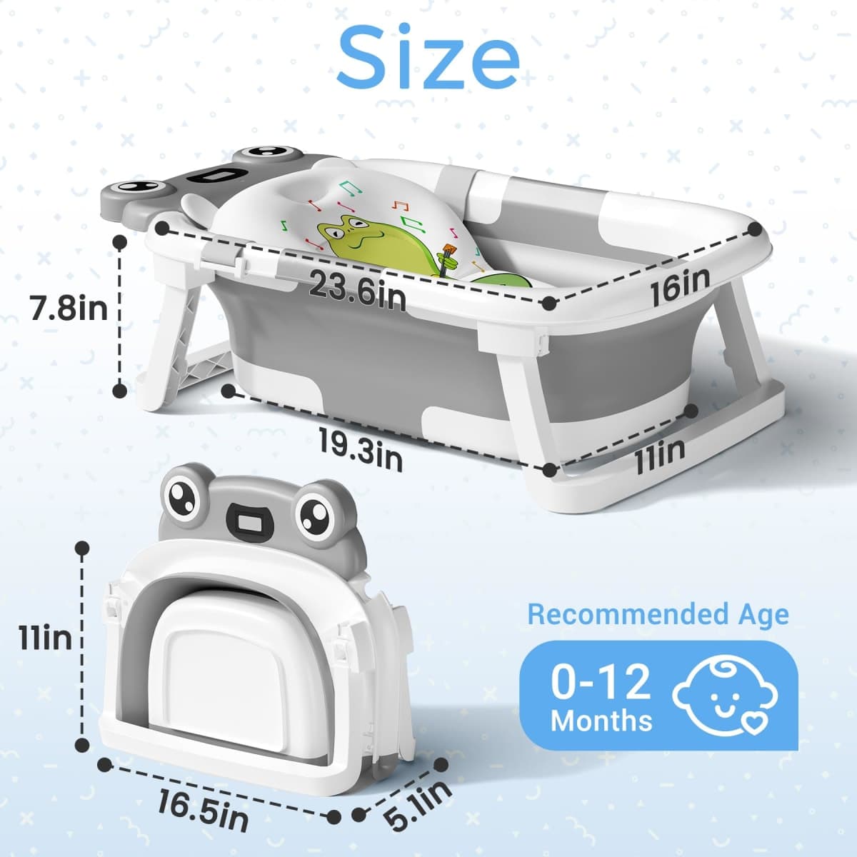 BUNWAG Baby Bathtub, Collapsible Newborn Bathtub for Infant to Toddler with Soft Cushion and Thermometer,Portable Travel Newborn Tub with No-Slip Feet, Baby Shower Gifts, 0-12 Months Baby Bath, Grey thumbnail 3