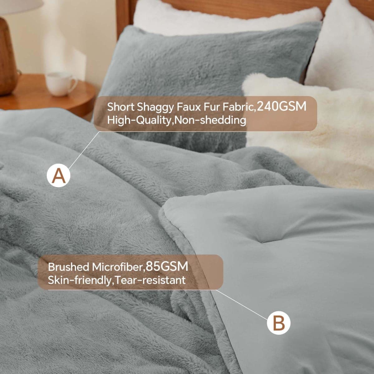 BEDELITE Faux Fur Queen Comforter Set Grey,Warm Bedding with 2 Pilowcases thumbnail 3
