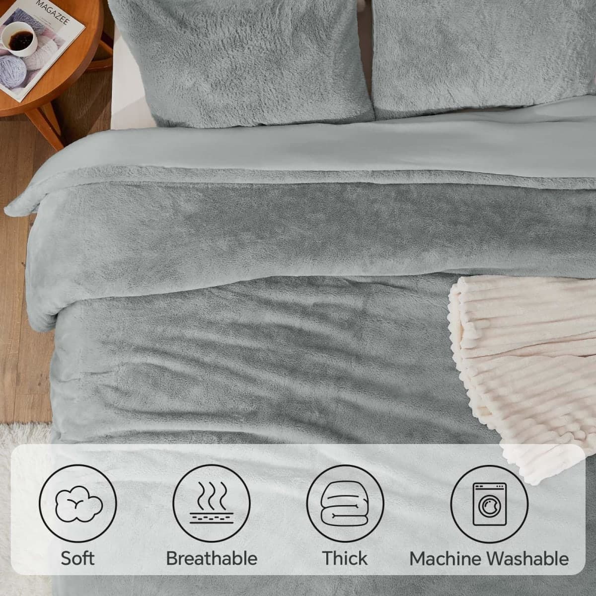 BEDELITE Faux Fur Queen Comforter Set Grey,Warm Bedding with 2 Pilowcases thumbnail 4