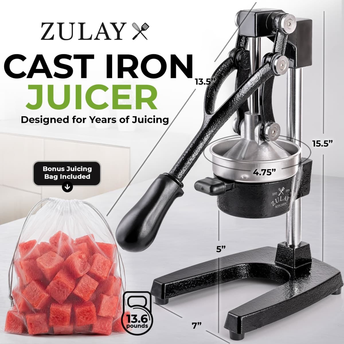 Zulay Kitchen Cast Iron Juicer - Manual Citrus Press and Lemon Squeezer - Premium Quality Heavy Duty Manual Juicer for Orange Juice and Lime Squeezer, Black thumbnail 3