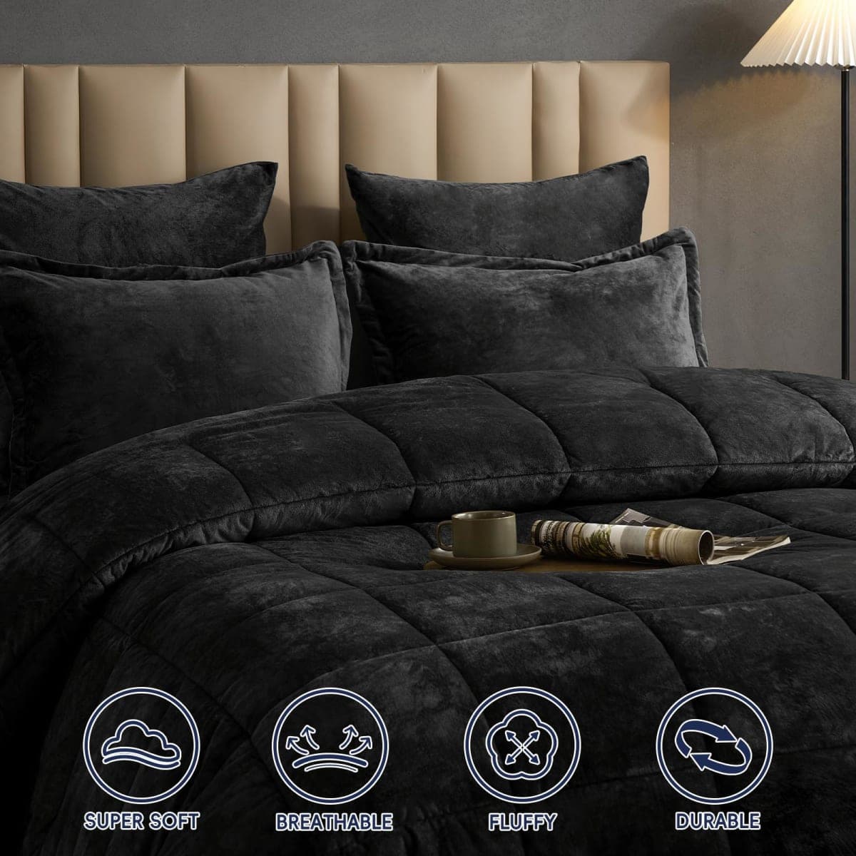 PHF Double-Sided Velvet Cozy Comforter Set Queen Size, 5 Piece Luxury Bedding Set, Ultra Soft Breathable Comforter with Pillow Shams and Euro Shams, Modern Bed in A Bag for Home Decor, Black thumbnail 2