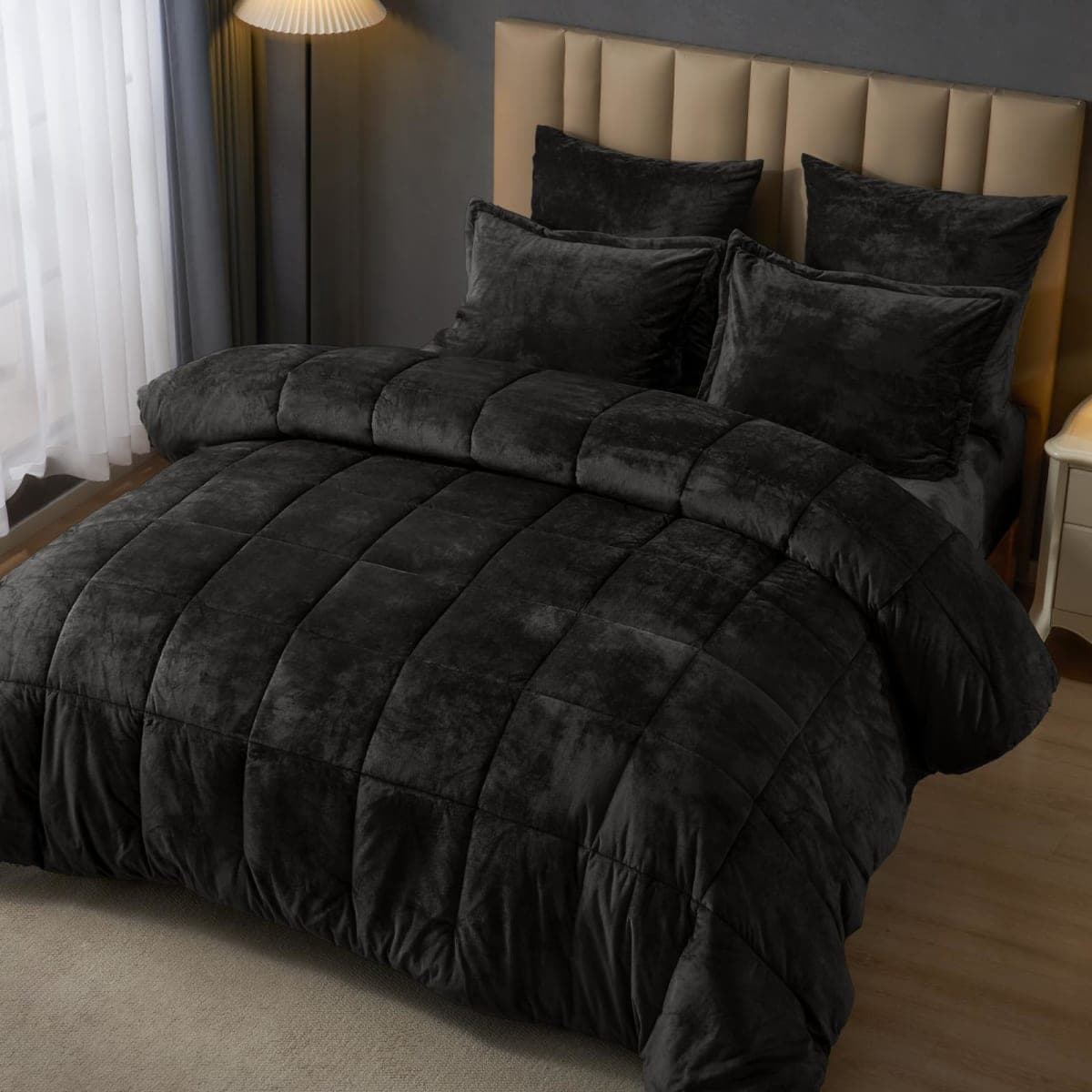 PHF Double-Sided Velvet Cozy Comforter Set Queen Size, 5 Piece Luxury Bedding Set, Ultra Soft Breathable Comforter with Pillow Shams and Euro Shams, Modern Bed in A Bag for Home Decor, Black thumbnail 3