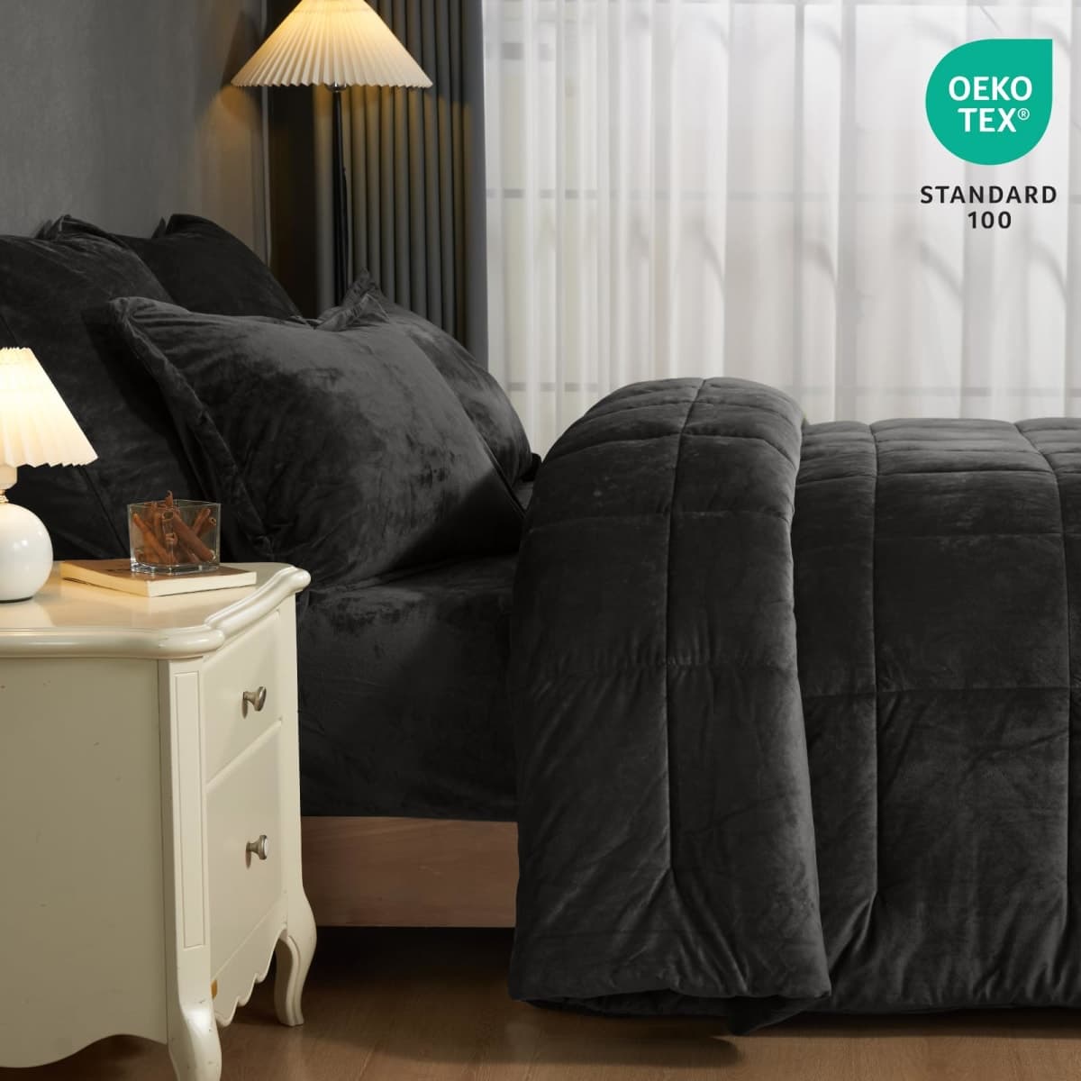 PHF Double-Sided Velvet Cozy Comforter Set Queen Size, 5 Piece Luxury Bedding Set, Ultra Soft Breathable Comforter with Pillow Shams and Euro Shams, Modern Bed in A Bag for Home Decor, Black thumbnail 4