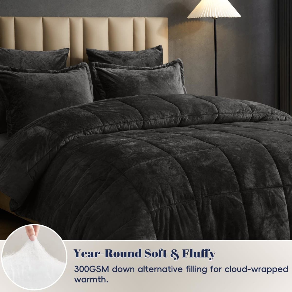 PHF Double-Sided Velvet Cozy Comforter Set Queen Size, 5 Piece Luxury Bedding Set, Ultra Soft Breathable Comforter with Pillow Shams and Euro Shams, Modern Bed in A Bag for Home Decor, Black thumbnail 5