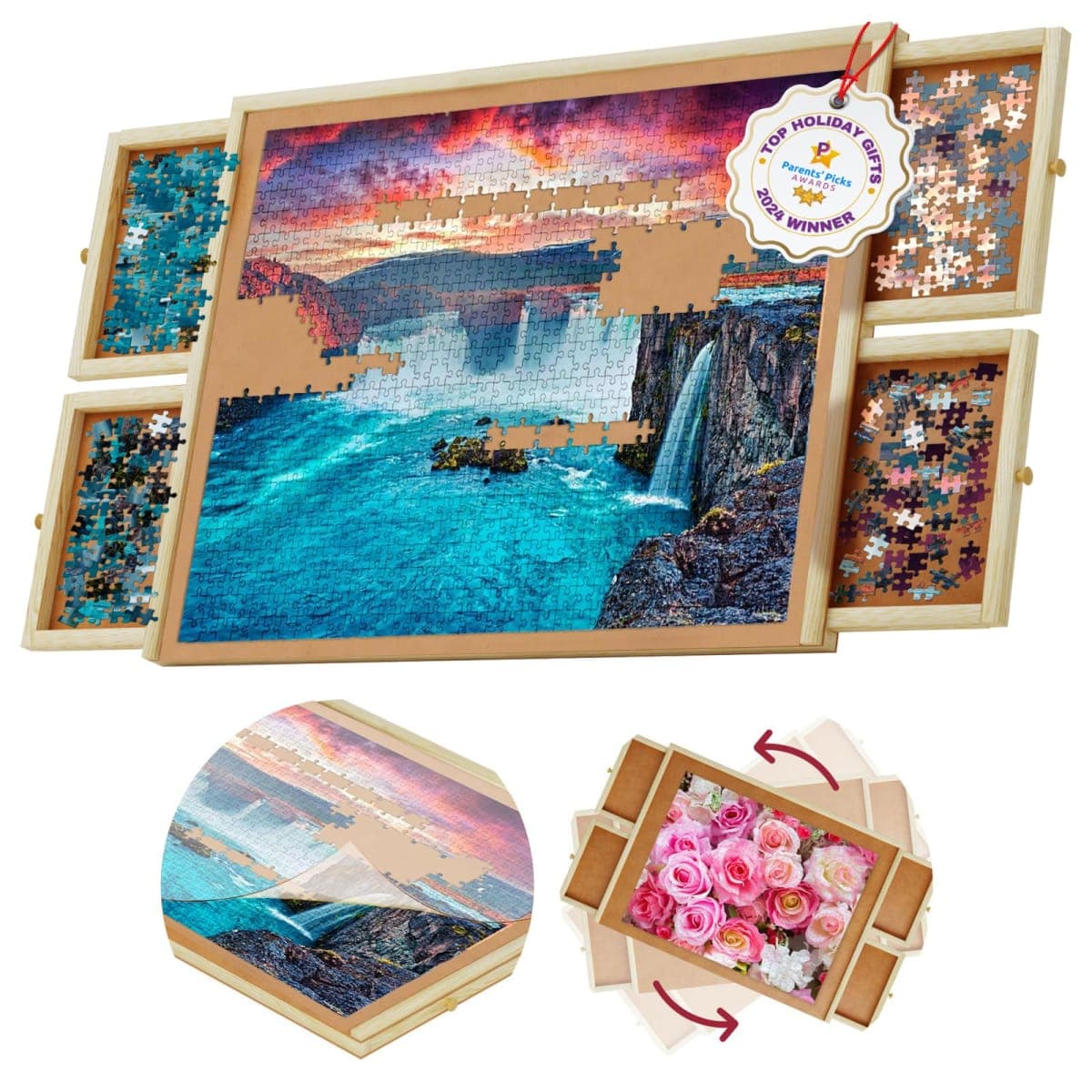 1000 Piece Wooden Jigsaw Puzzle Board - 4 Drawers, Rotating Puzzle Table | 30” X 22” Jigsaw Puzzle Table | Puzzle Cover Included - Portable Puzzle Tables for Adults and Kids by Beyond Innoventions — image 1