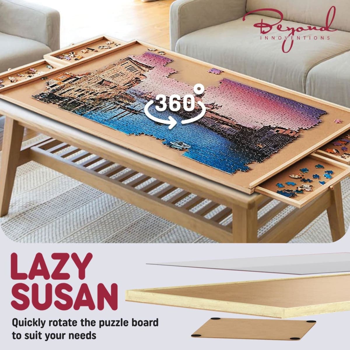 1000 Piece Wooden Jigsaw Puzzle Board - 4 Drawers, Rotating Puzzle Table | 30” X 22” Jigsaw Puzzle Table | Puzzle Cover Included - Portable Puzzle Tables for Adults and Kids by Beyond Innoventions thumbnail 2