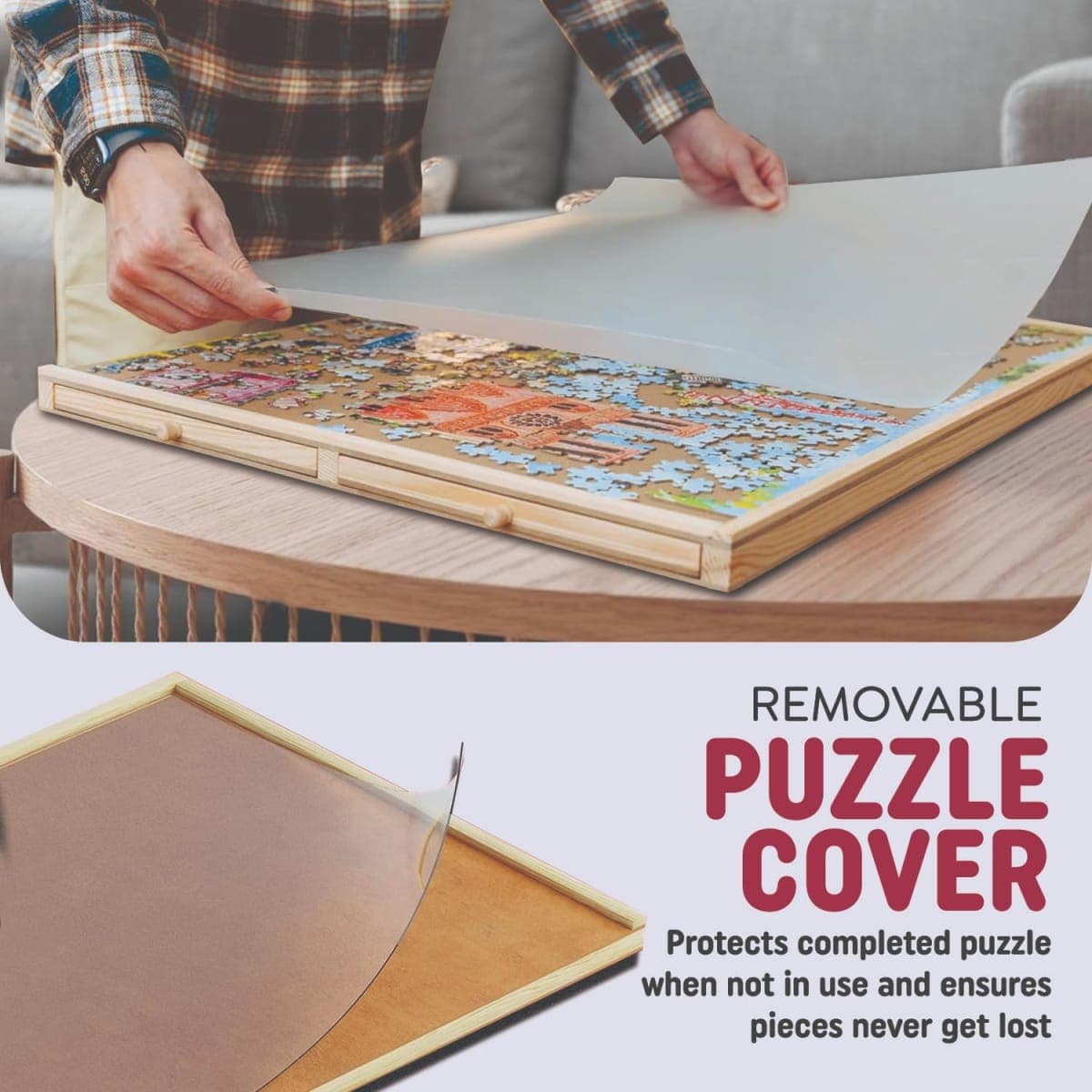 1000 Piece Wooden Jigsaw Puzzle Board - 4 Drawers, Rotating Puzzle Table | 30” X 22” Jigsaw Puzzle Table | Puzzle Cover Included - Portable Puzzle Tables for Adults and Kids by Beyond Innoventions thumbnail 3