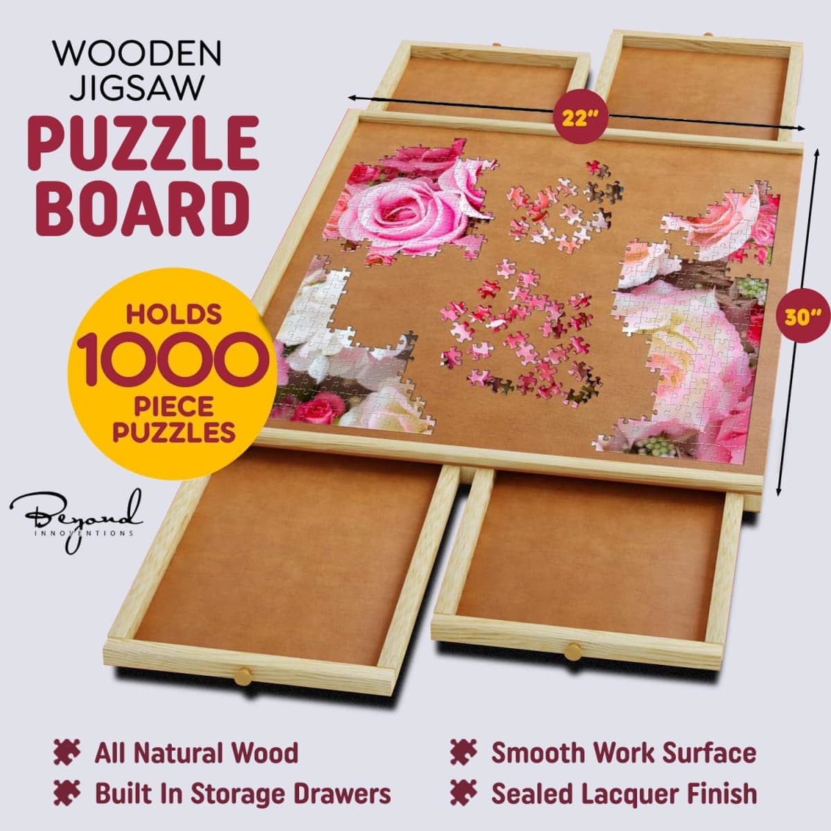 1000 Piece Wooden Jigsaw Puzzle Board - 4 Drawers, Rotating Puzzle Table | 30” X 22” Jigsaw Puzzle Table | Puzzle Cover Included - Portable Puzzle Tables for Adults and Kids by Beyond Innoventions thumbnail 4