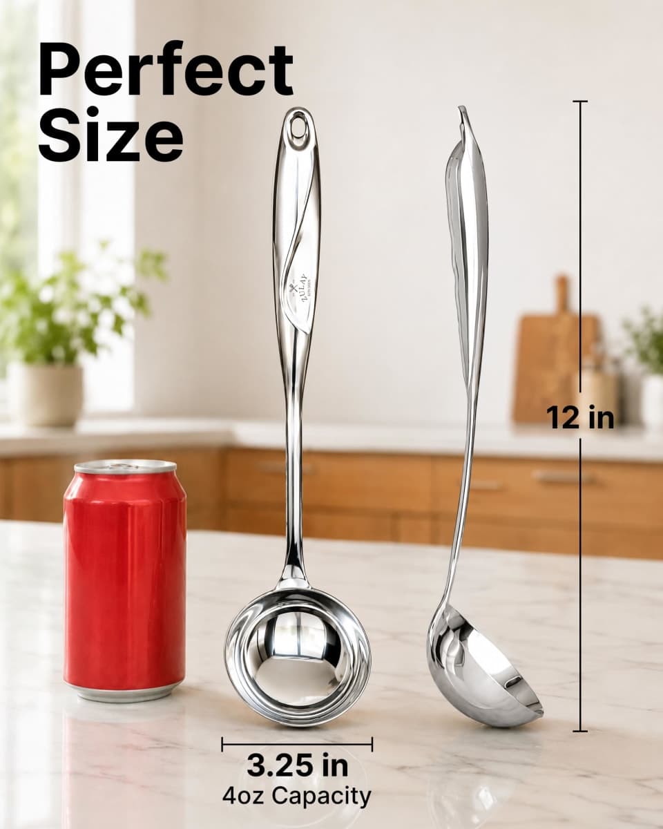 Zulay Premium 12 Inch Stainless Steel Ladle with Comfortable Grip - Soup Ladle with Long Handle and Ample Bowl Capacity Perfect for Stirring, Serving Soups and More - Heavy-Duty Metal Ladle thumbnail 2