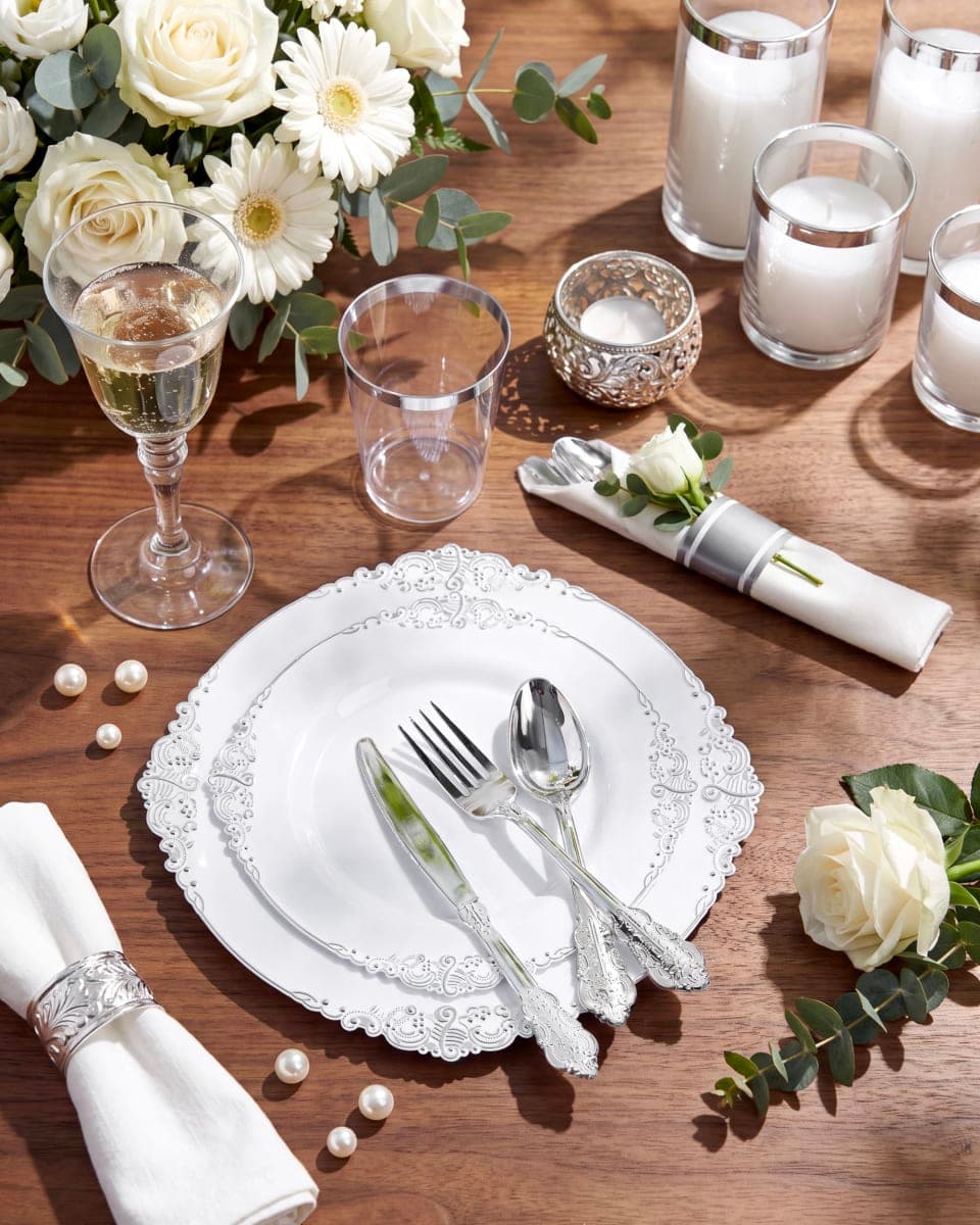 Nervure 350Pcs Silver Plastic Plates, Plastic Dinnerware Set for 50 Guests thumbnail 2