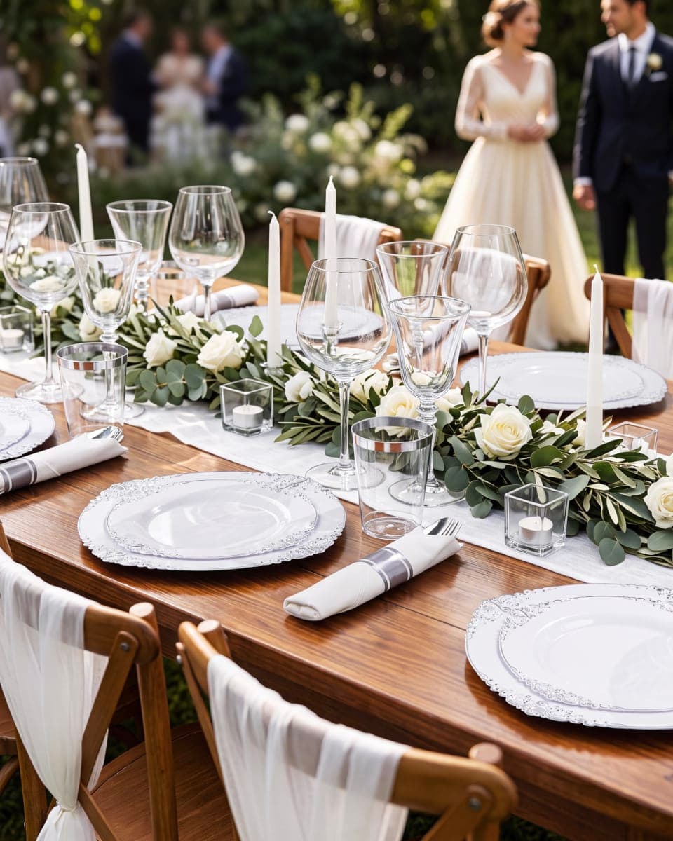 Nervure 350Pcs Silver Plastic Plates, Plastic Dinnerware Set for 50 Guests thumbnail 5