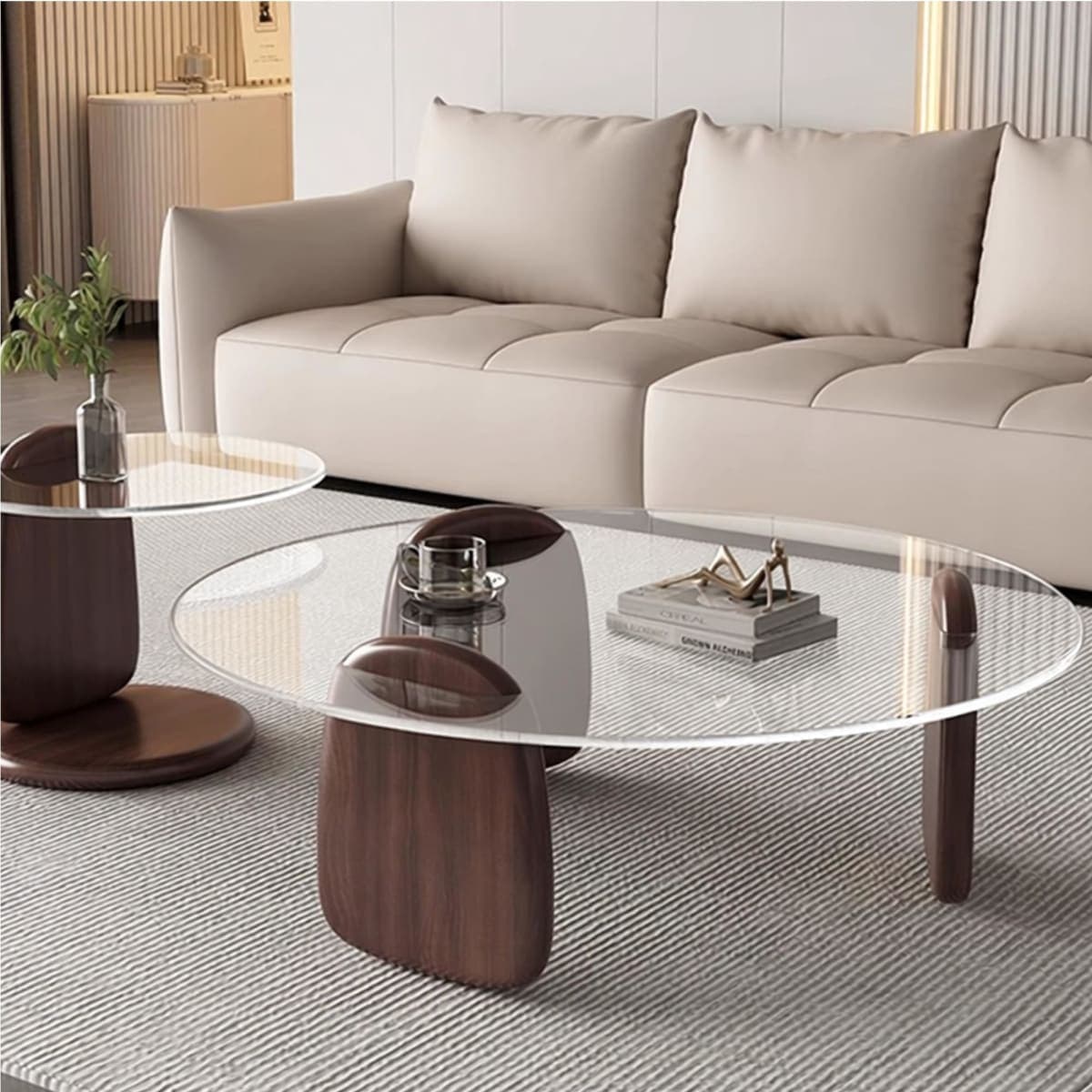 EASYSOUL Modern Round Coffee Table with Glass Top, 27.56" D x 27.56" W x 14.69" H, Circular Tea Tables for Living Room Home Office Industrial Cocktail Tables (Walunt-Clear Glass/27.56") thumbnail 2