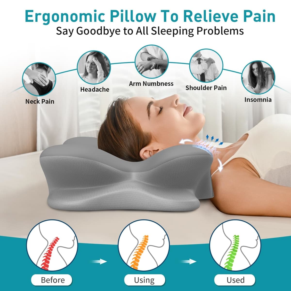 Cervical Pillow for Neck Pain Relief, Ergonomic Neck Pillow for Sleeping, Contour Pillow for Neck Support, Memory Foam Pillows for Side Back Stomach Sleepers (Grey+White+Grey) thumbnail 3