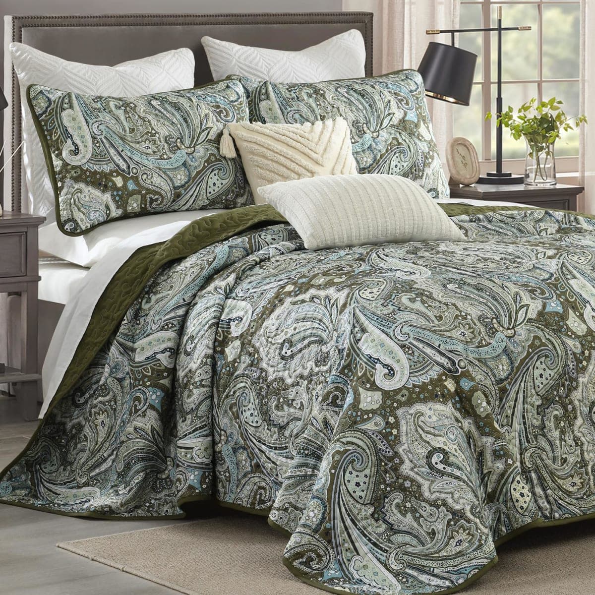 DJY Green Paisley Quilt Set Queen Size Boho Bedspread Coverlet Set thumbnail 2