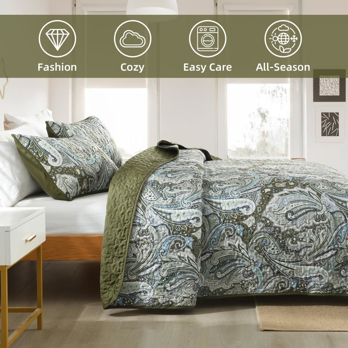 DJY Green Paisley Quilt Set Queen Size Boho Bedspread Coverlet Set thumbnail 4
