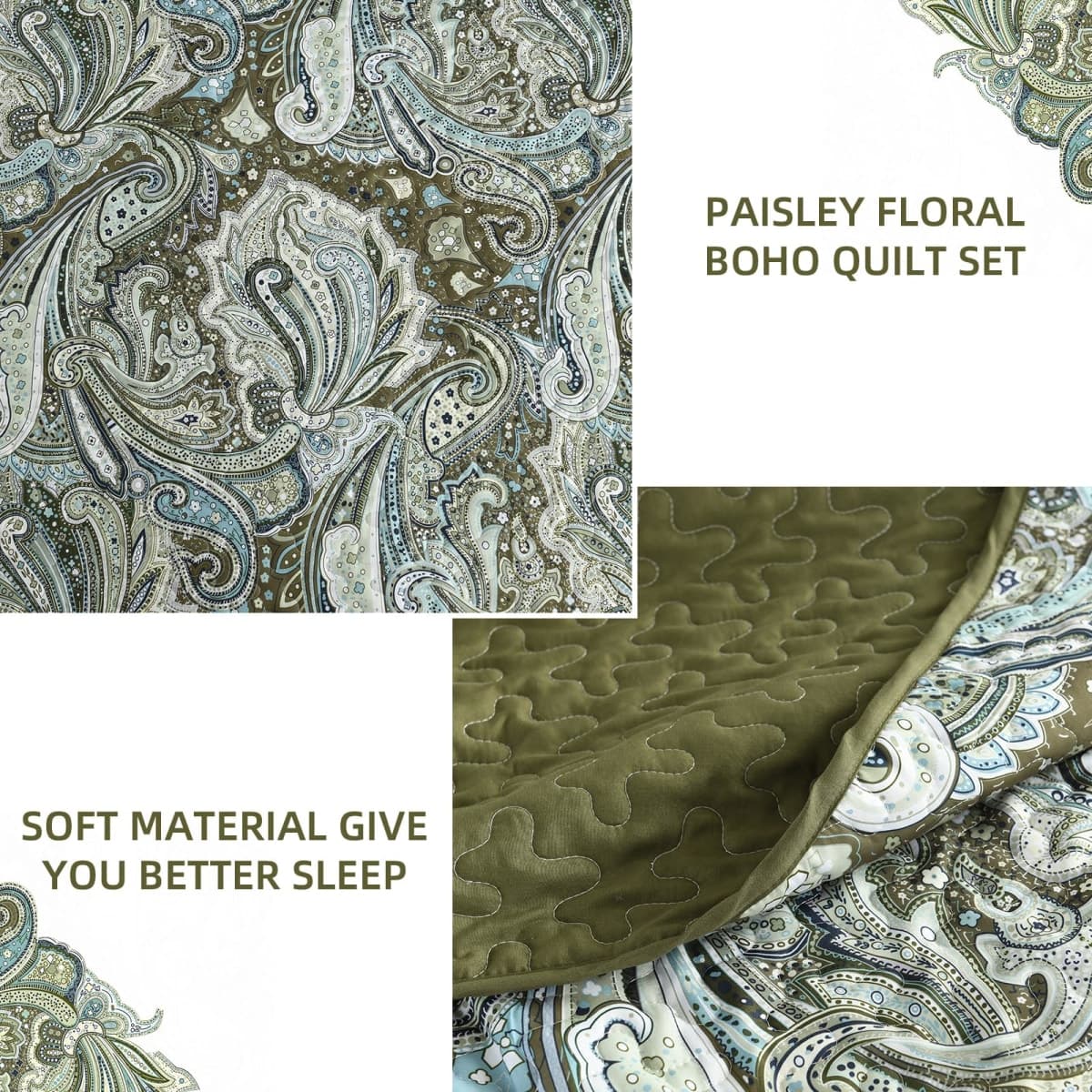 DJY Green Paisley Quilt Set Queen Size Boho Bedspread Coverlet Set thumbnail 5