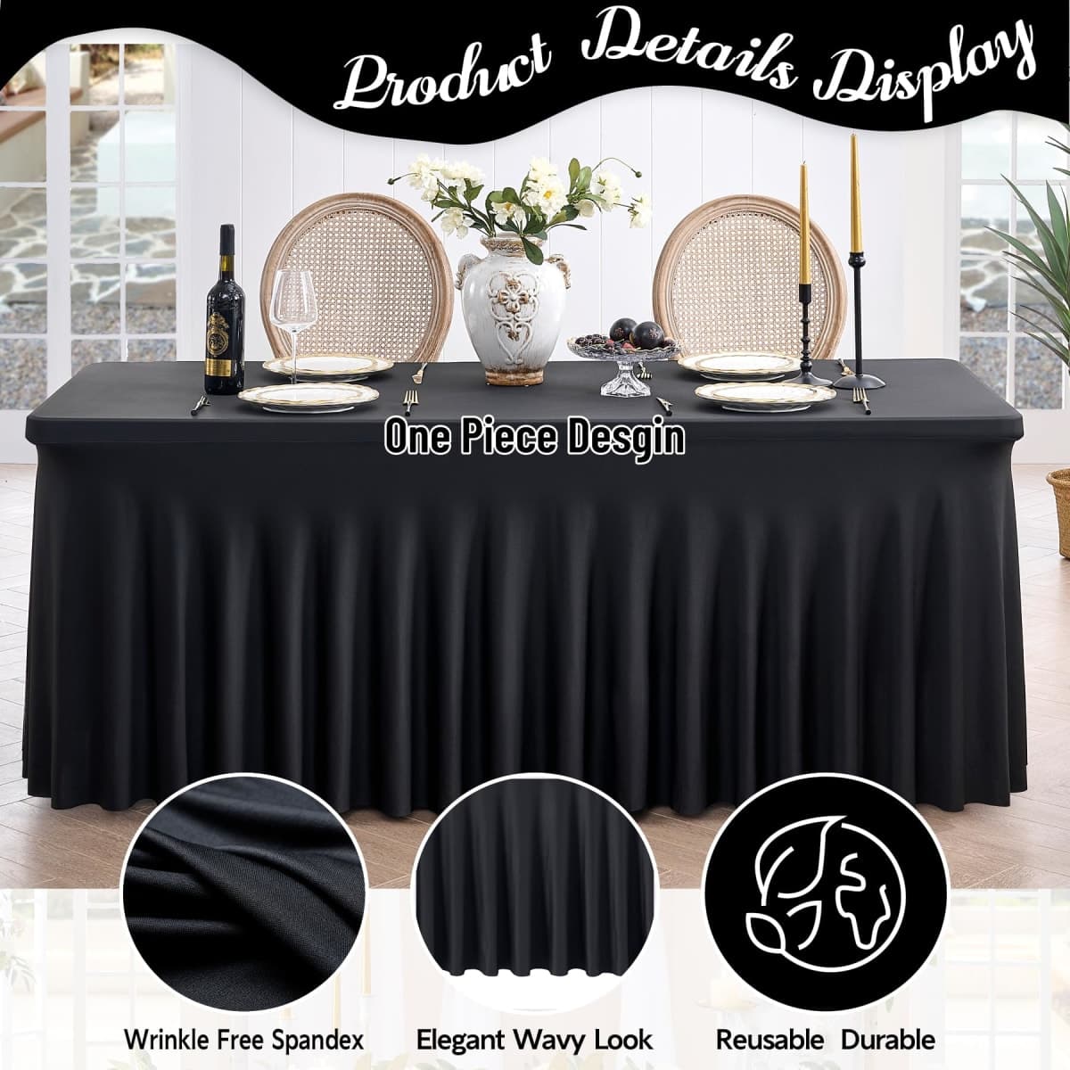 Spandex Tablecloth 8FT Rectangle Table Cover 4 Pack Black Wrinkle-Free thumbnail 3