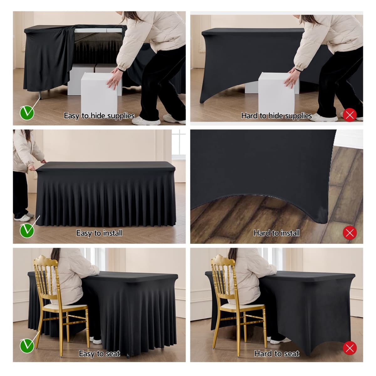 Spandex Tablecloth 8FT Rectangle Table Cover 4 Pack Black Wrinkle-Free thumbnail 4