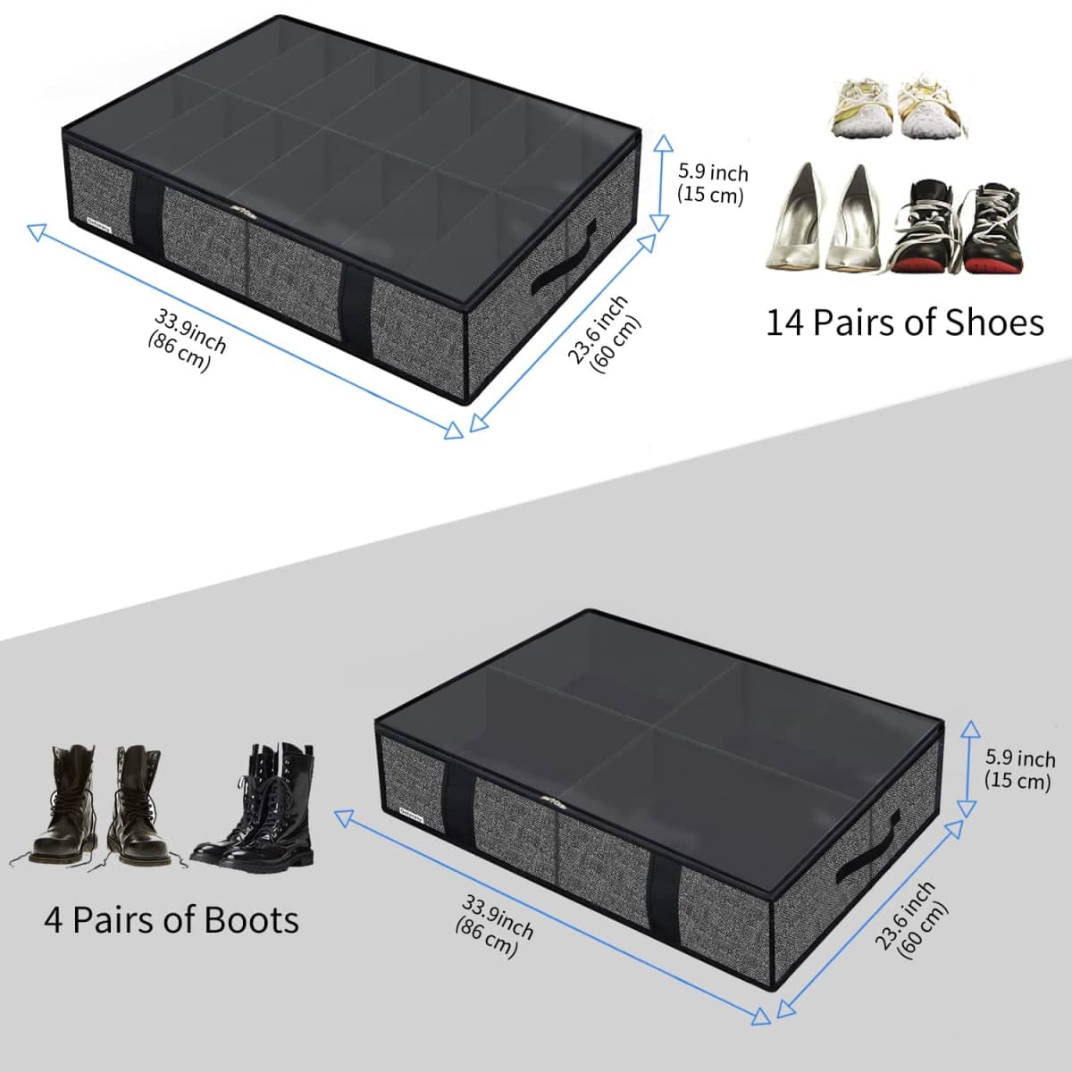 Onlyeasy 2 Pack Under Bed Shoes Storage Bag Organizer (14+4 Pairs), Collapsible Shoe Boot Container with Handles, Underbed Storage Solution for Kids & Adults, 86x60x15cm, Linen-like Black, MXAUBS14S4 thumbnail 2