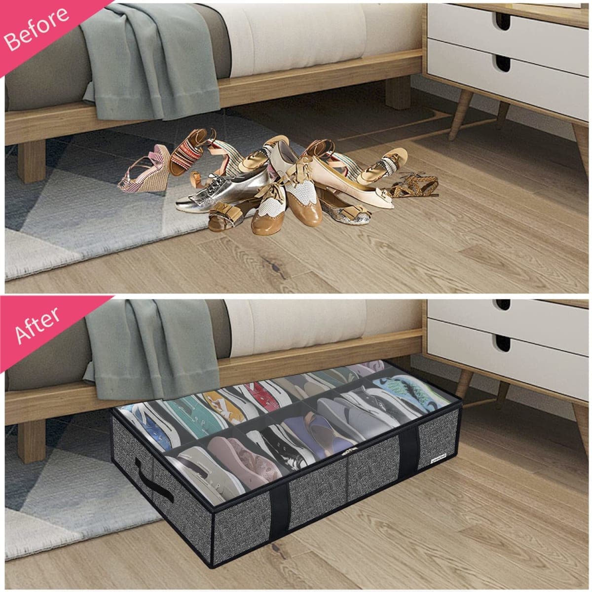 Onlyeasy 2 Pack Under Bed Shoes Storage Bag Organizer (14+4 Pairs), Collapsible Shoe Boot Container with Handles, Underbed Storage Solution for Kids & Adults, 86x60x15cm, Linen-like Black, MXAUBS14S4 thumbnail 3