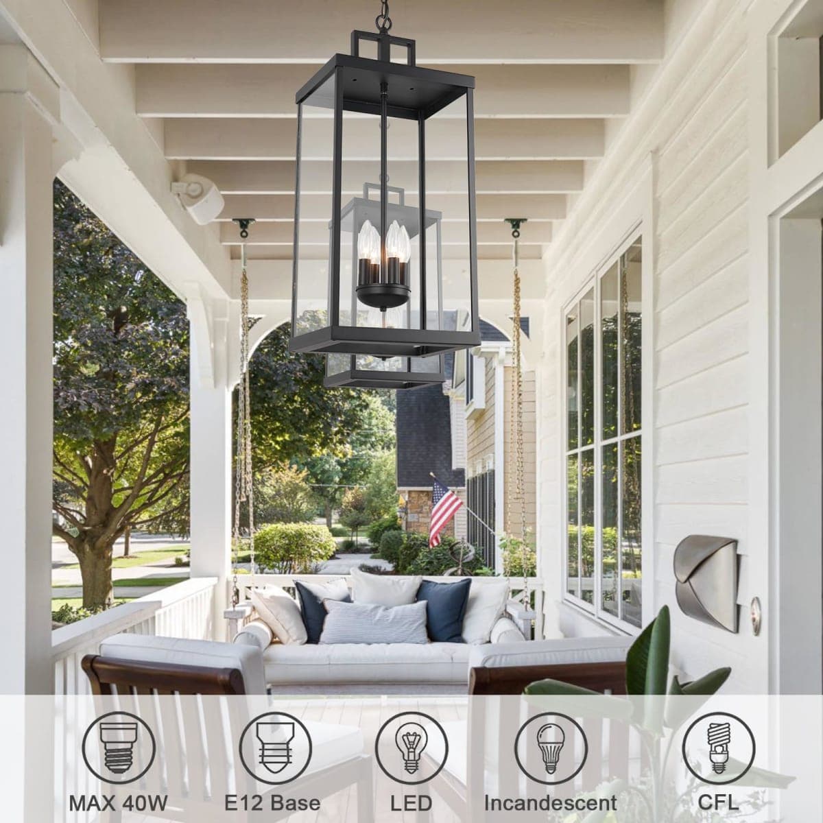 Outdoor Pendant Light, 25'' Large Hanging Lights Lantern Light, Modern Outside Chandelier with Clear Glass, Exterior Gazebo Light for Patio, Porch, Yard, Garage thumbnail 4