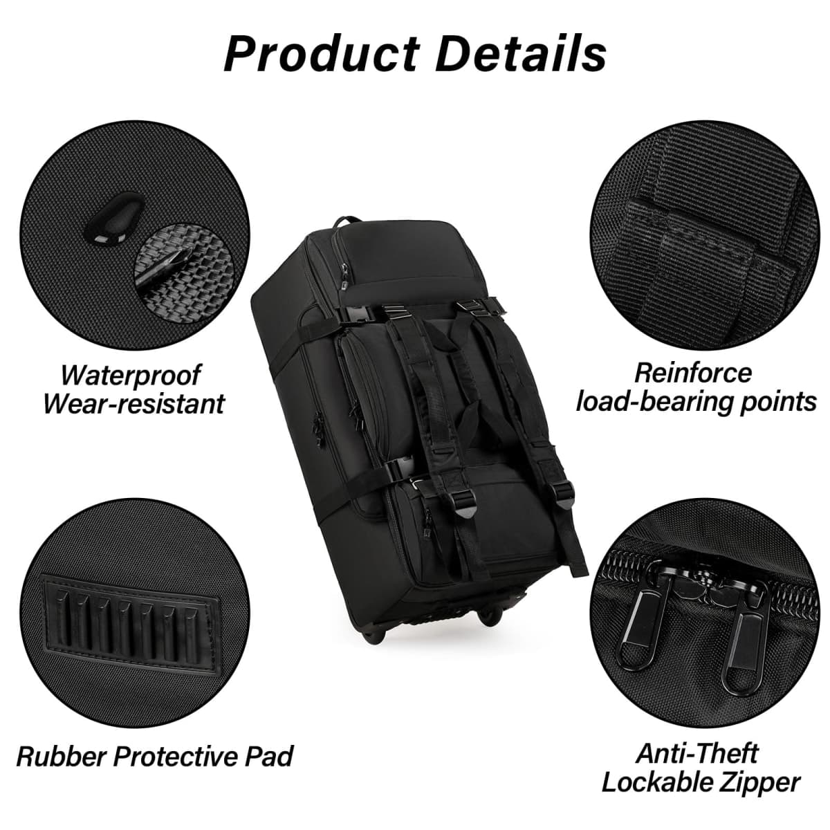 Jahomieo Rolling Duffle Bag with Wheels, 90L 32-inch Large Foldable Travel Duffel Bags Durable Tear-resistant Heavy-duty Luggage Bag, Black, Large, Rolling Duffle Bag With Wheels thumbnail 4