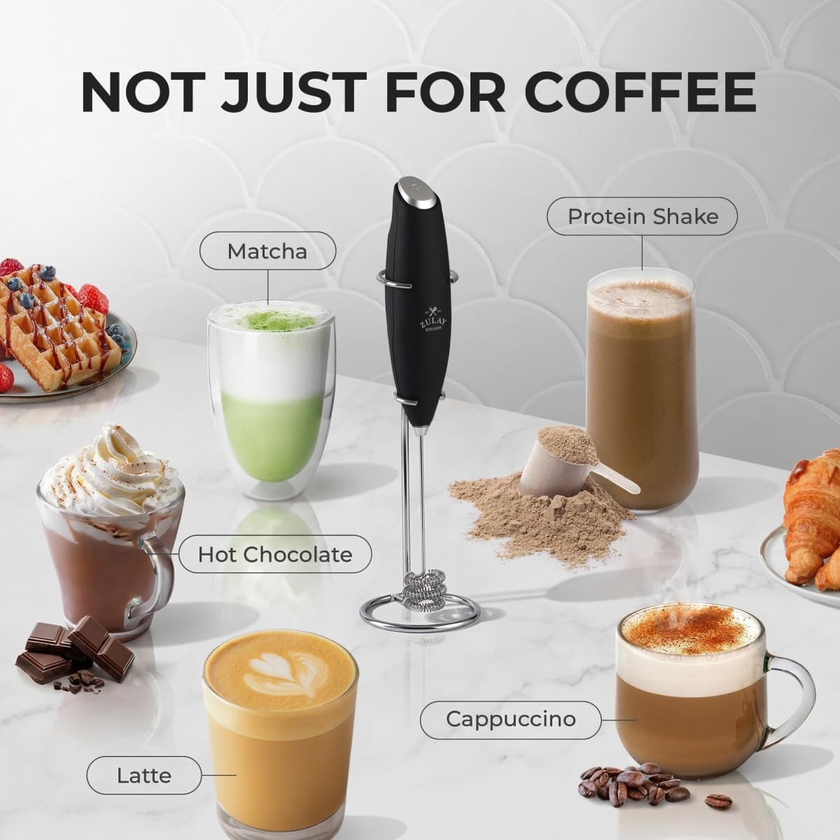 Zulay Kitchen Patented Tornado Triple Whisk Milk Frother with 4 Duracell Batteries – Handheld Foam Maker for Coffee, Lattes, Matcha & Hot Chocolate – Rich, Creamy Froth in Seconds- Black thumbnail 4
