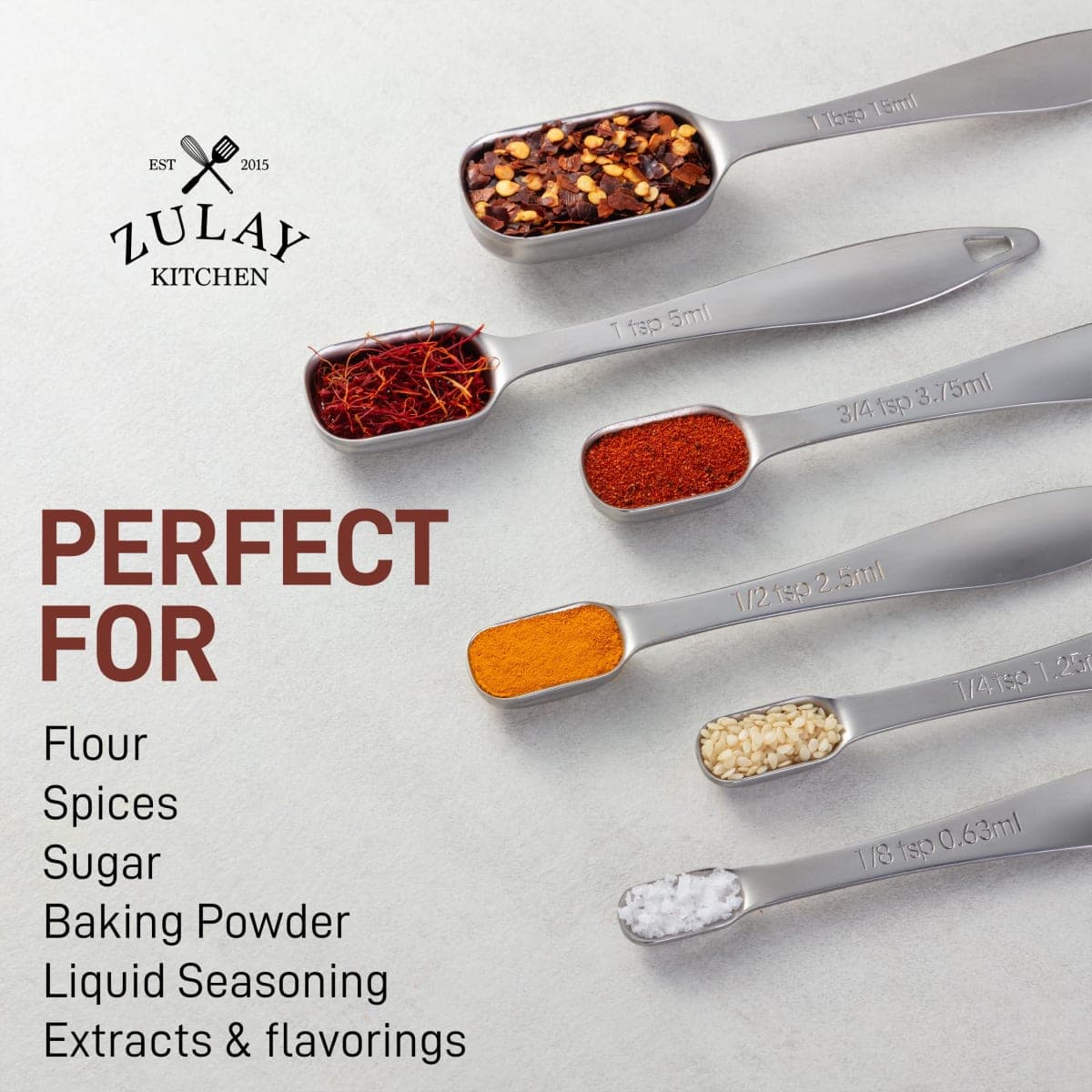 Zulay Heavy Duty Stainless Steel Measuring Spoons with Easy to Read, Slim Design for Narrow Spice Jars, 6 Piece Measuring Spoons with Etched Markings & Removable Clasp, Table Spoons Measuring Spoon thumbnail 4