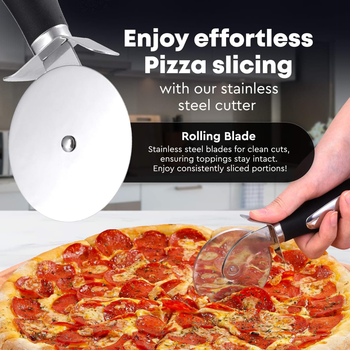 Zulay Kitchen Premium Pizza Cutter - Durable Stainless Steel Pizza Cutter Wheel - Easy-to-Clean, Easy-to-Use Pizza Slicer - Super Sharp with Non-Slip Handle - Dishwasher Safe Pizza Wheel (Black) thumbnail 2