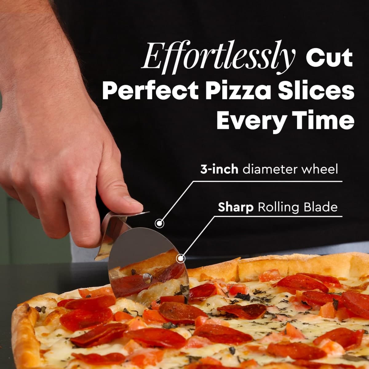 Zulay Kitchen Premium Pizza Cutter - Durable Stainless Steel Pizza Cutter Wheel - Easy-to-Clean, Easy-to-Use Pizza Slicer - Super Sharp with Non-Slip Handle - Dishwasher Safe Pizza Wheel (Black) thumbnail 3