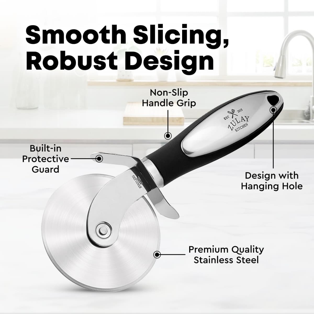 Zulay Kitchen Premium Pizza Cutter - Durable Stainless Steel Pizza Cutter Wheel - Easy-to-Clean, Easy-to-Use Pizza Slicer - Super Sharp with Non-Slip Handle - Dishwasher Safe Pizza Wheel (Black) thumbnail 4