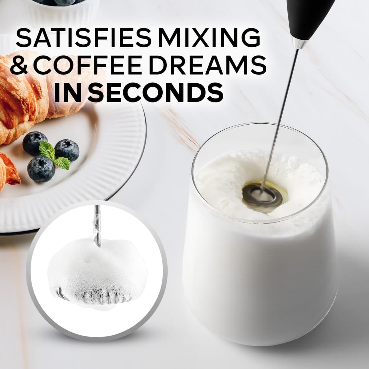 Zulay Kitchen Powerful Milk Frother Wand - Ultra Fast Handheld Drink Mixer - Electric Whisk Foam Maker for Coffee, Lattes, Cappuccino, Frappe, Matcha, Hot Chocolate & Coffee Creamer - Milk Boss Black thumbnail 2