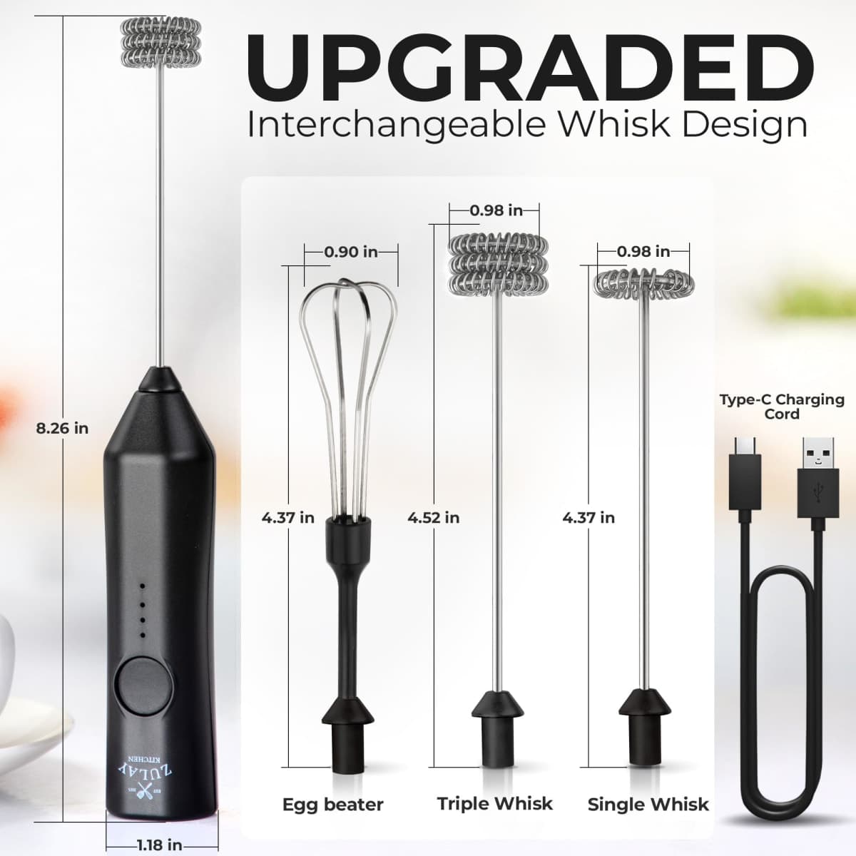 Zulay Kitchen Rechargeable Milk Frother - Dynamic - 3 Speeds, 3 Whisk Attachments, 500 mAh USB Charging, Drink Mixer for Latte, Cappuccino, Matcha, Protein Powder, Coffee Foam - Black thumbnail 3