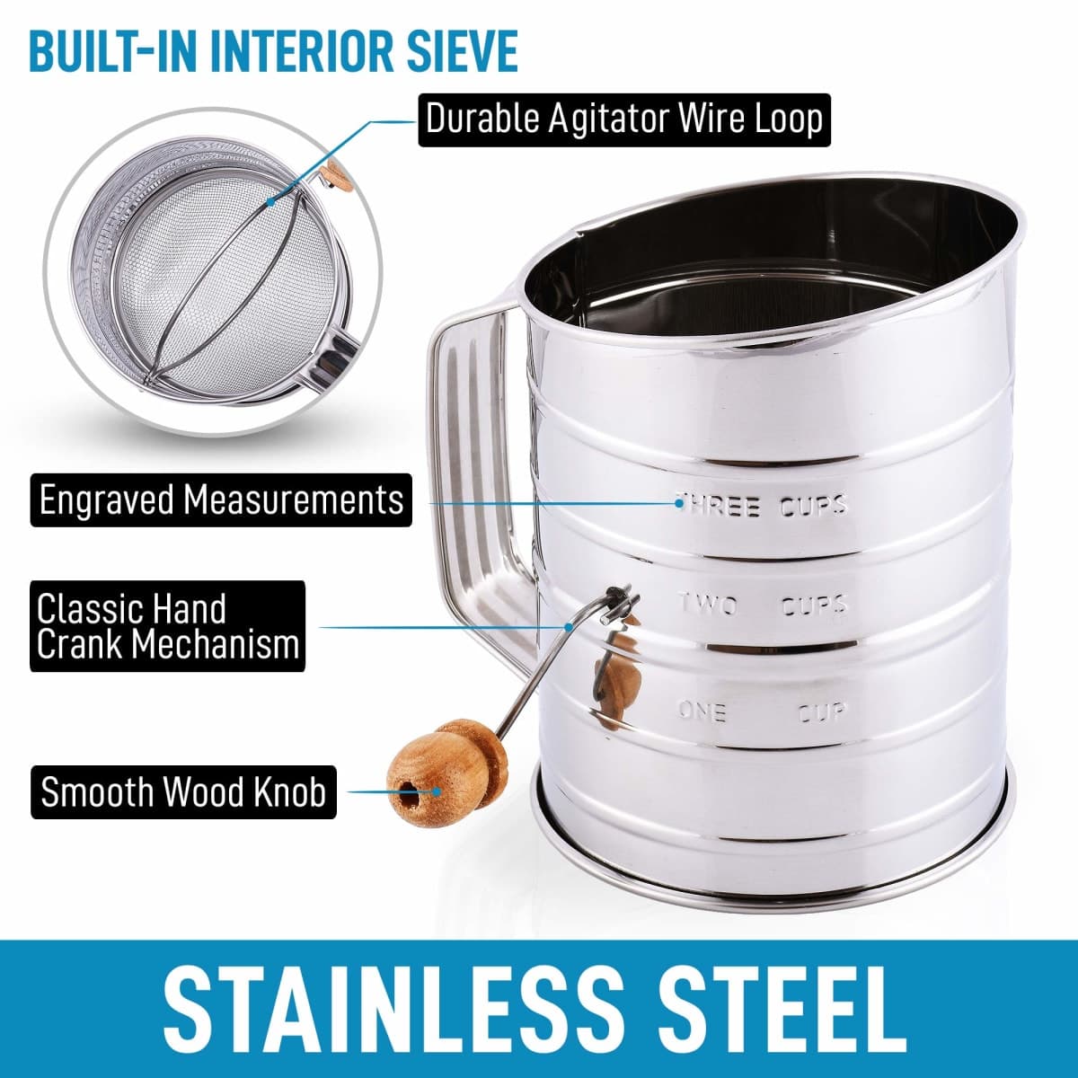 Zulay 3 Cup Stainless Steel Flour Sifter - Fine Mesh Rotary Hand Crank Flour Sifter with Agitator Wire Loop for Baking Cakes, Pastries, Pies, Cupcakes and Desserts thumbnail 2