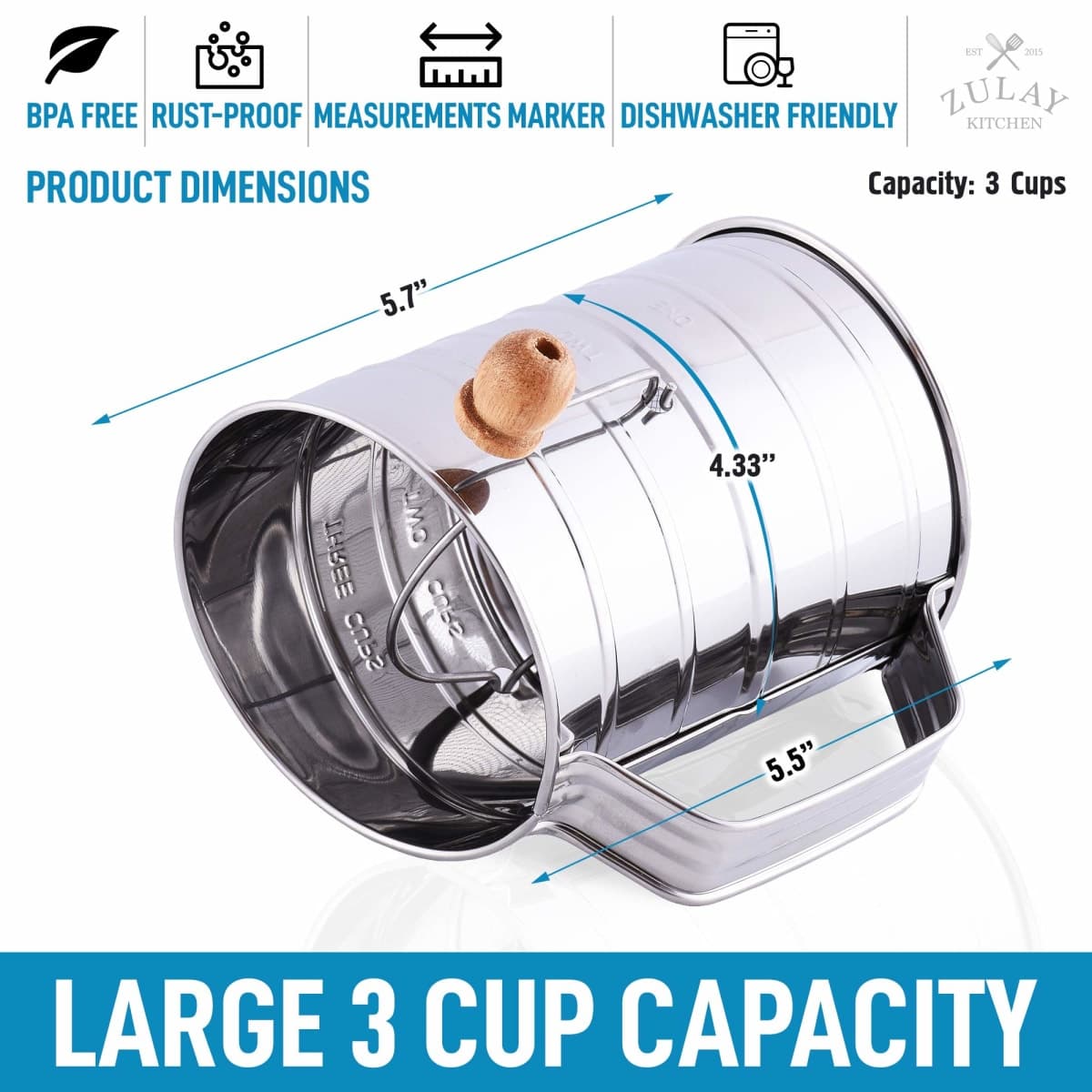 Zulay 3 Cup Stainless Steel Flour Sifter - Fine Mesh Rotary Hand Crank Flour Sifter with Agitator Wire Loop for Baking Cakes, Pastries, Pies, Cupcakes and Desserts thumbnail 3