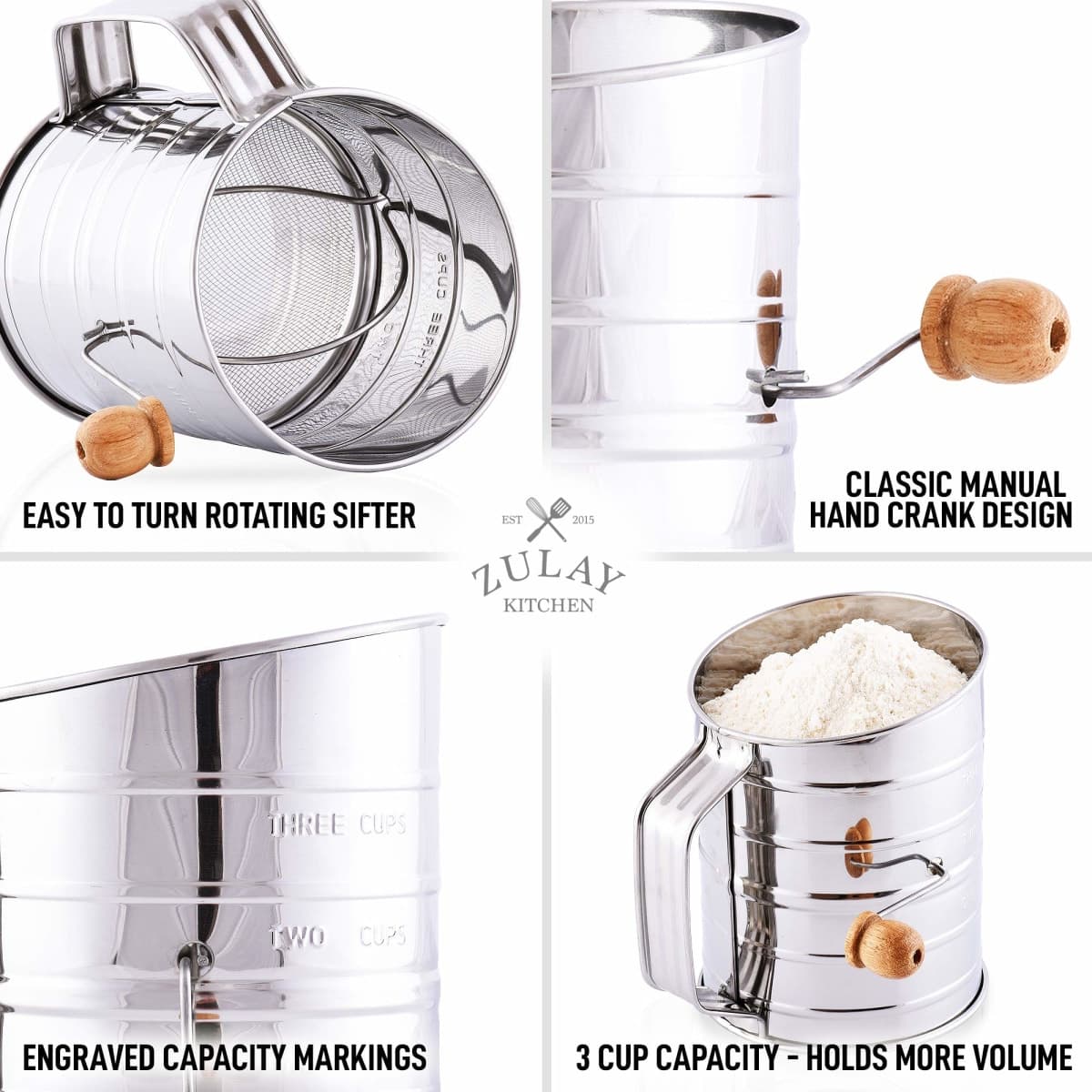 Zulay 3 Cup Stainless Steel Flour Sifter - Fine Mesh Rotary Hand Crank Flour Sifter with Agitator Wire Loop for Baking Cakes, Pastries, Pies, Cupcakes and Desserts thumbnail 4