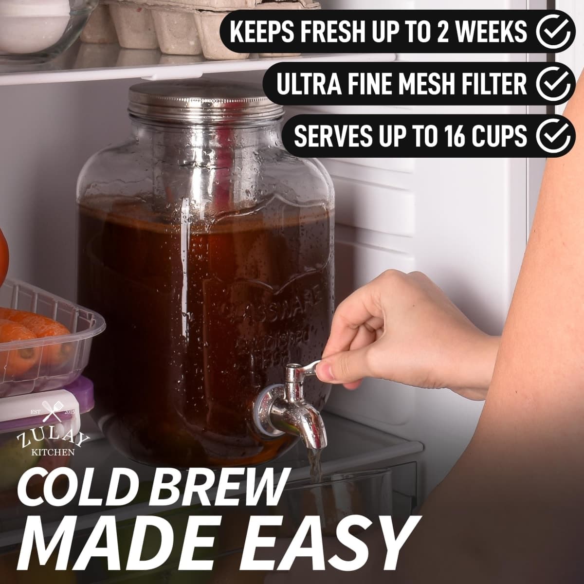 1 Gallon Cold Brew Coffee Maker with EXTRA-THICK Glass Carafe & Stainless Steel Mesh Filter - Premium Iced Coffee Maker, Cold Brew Pitcher & Tea Infuser - by Zulay Kitchen thumbnail 3