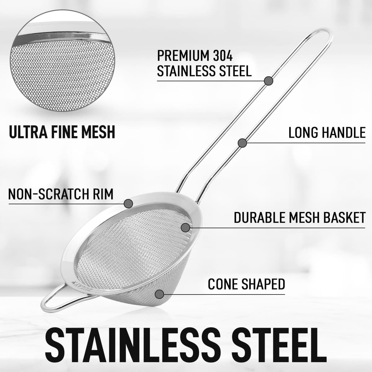 Zulay Kitchen 304 Stainless Steel Fine Mesh Strainer For Kitchen - Sieve Sifters For Food, Tea, Rice, Oil, Noodles, Fruits, Vegetables - Rust-Proof, Easy to Clean Drink Strainer (Silver) thumbnail 2