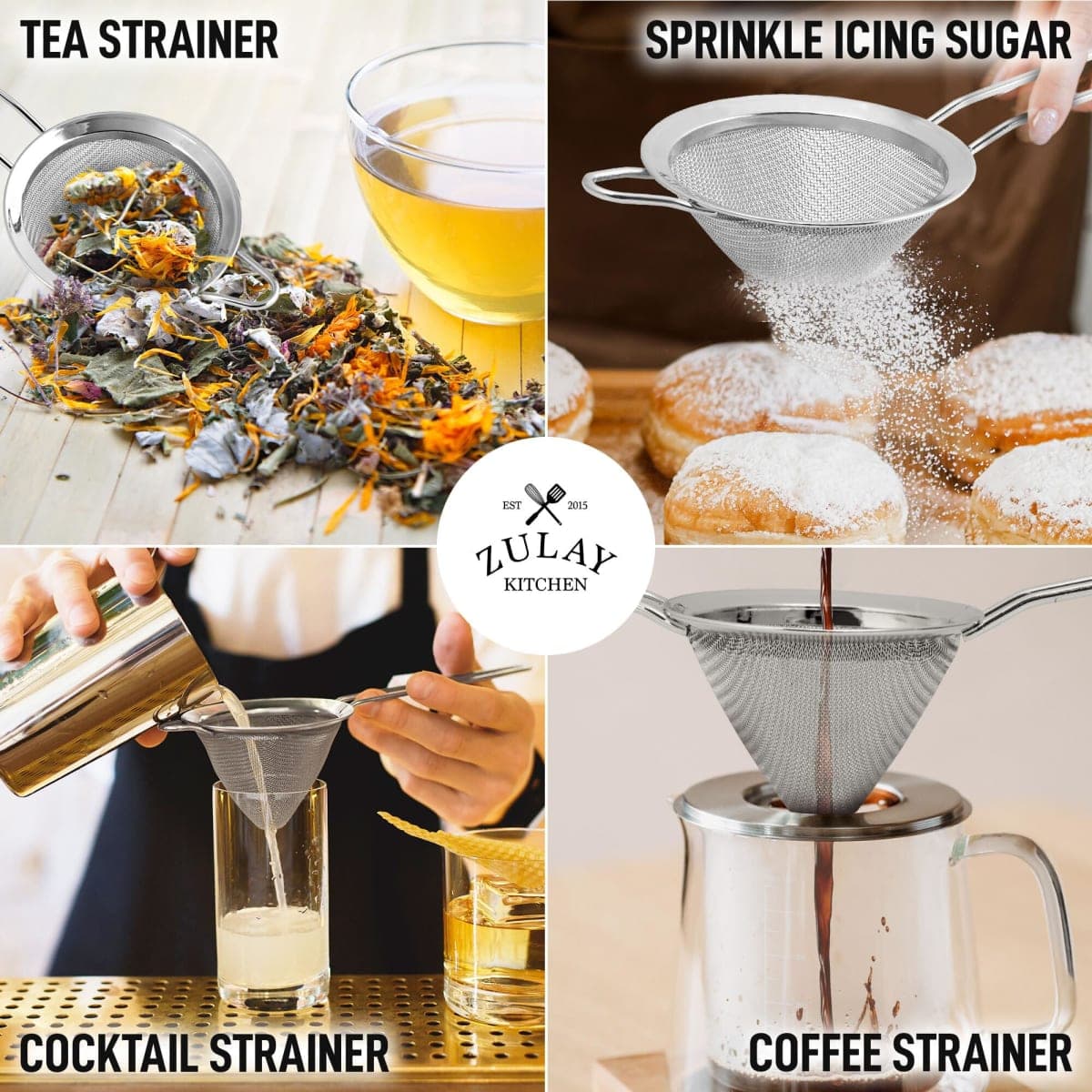 Zulay Kitchen 304 Stainless Steel Fine Mesh Strainer For Kitchen - Sieve Sifters For Food, Tea, Rice, Oil, Noodles, Fruits, Vegetables - Rust-Proof, Easy to Clean Drink Strainer (Silver) thumbnail 3