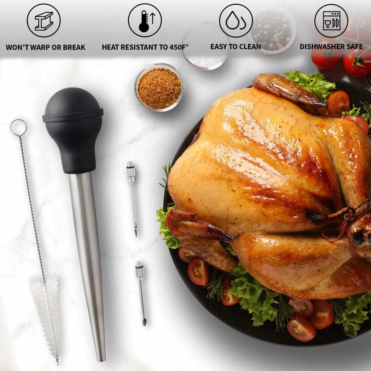 Zulay Kitchen Stainless Steel Turkey Baster for Cooking - Food Grade Metal Baster Syringe & Silicone Suction Bulb - Large Size With 2 Detachable Needles and Cleaning Brush thumbnail 2