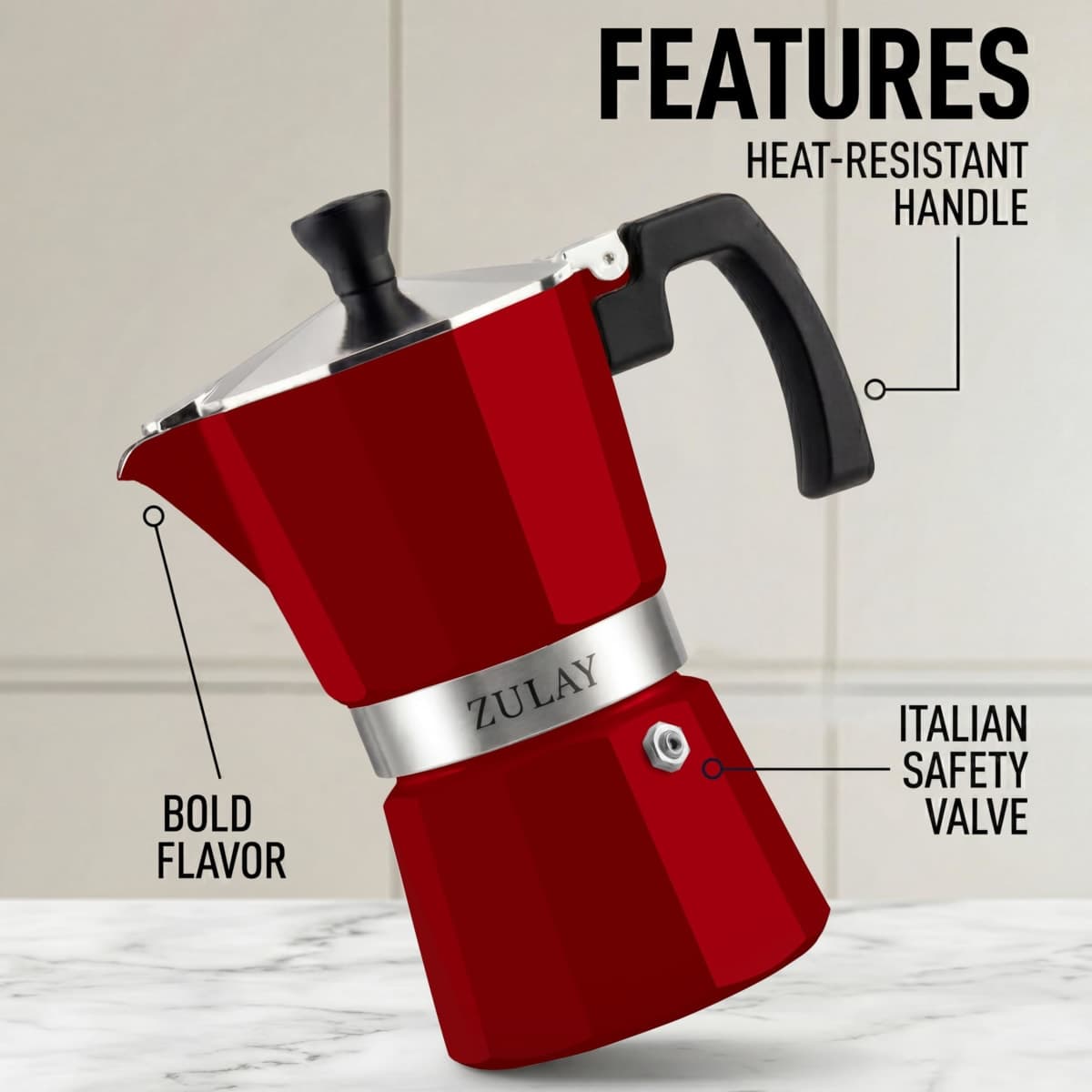 Zulay Moka Pot Espresso Stovetop Coffee Maker - Leak-Proof, Stainless Steel, Easy to Clean, Heat Resistant Handle & Knob - for Authentic Cuban & Italian Style Espresso - Makes 6 Espresso Cups - Red thumbnail 2
