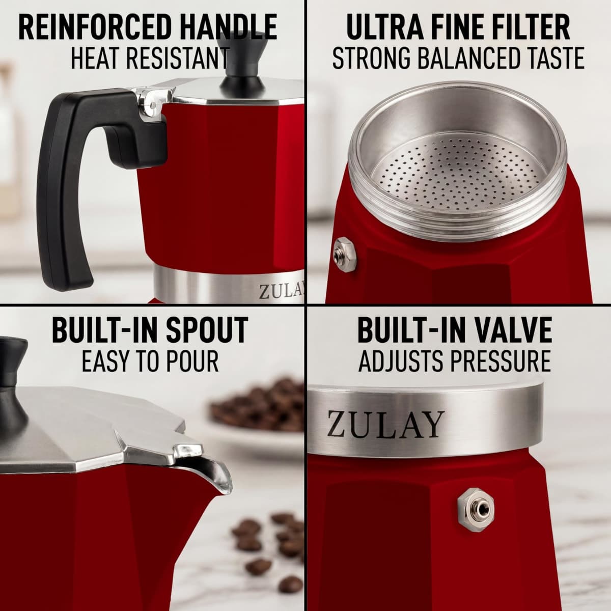 Zulay Moka Pot Espresso Stovetop Coffee Maker - Leak-Proof, Stainless Steel, Easy to Clean, Heat Resistant Handle & Knob - for Authentic Cuban & Italian Style Espresso - Makes 6 Espresso Cups - Red thumbnail 3