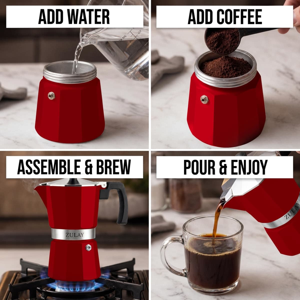Zulay Moka Pot Espresso Stovetop Coffee Maker - Leak-Proof, Stainless Steel, Easy to Clean, Heat Resistant Handle & Knob - for Authentic Cuban & Italian Style Espresso - Makes 6 Espresso Cups - Red thumbnail 4
