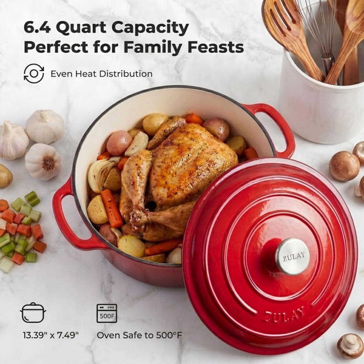 Zulay Kitchen 6.4QT Enameled Cast Iron Dutch Oven Pot with Lid, Heat Pad & Trivet, Heavy-Duty Soup Pot for Stews, Braising, Roasting & Sourdough Bread Baking, Oven Safe up to 500°F - Ablaze Red thumbnail 2