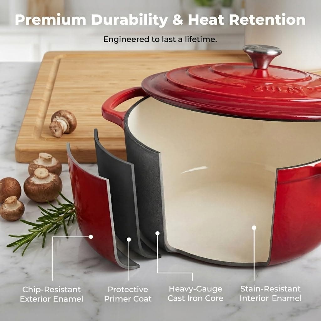 Zulay Kitchen 6.4QT Enameled Cast Iron Dutch Oven Pot with Lid, Heat Pad & Trivet, Heavy-Duty Soup Pot for Stews, Braising, Roasting & Sourdough Bread Baking, Oven Safe up to 500°F - Ablaze Red thumbnail 4
