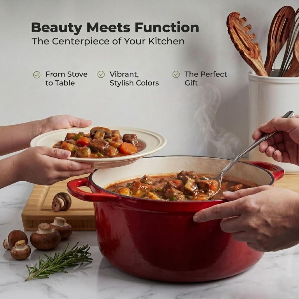 Zulay Kitchen 6.4QT Enameled Cast Iron Dutch Oven Pot with Lid, Heat Pad & Trivet, Heavy-Duty Soup Pot for Stews, Braising, Roasting & Sourdough Bread Baking, Oven Safe up to 500°F - Ablaze Red thumbnail 5
