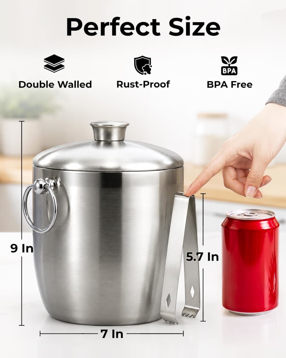 Zulay 3 Liter Double-Wall Insulated Ice Bucket for Cocktail Bar - Ice Buckets for Parties, Outdoor & Indoor - Stainless Steel Ice Bucket with Lid, Strainer & Tongs Included thumbnail 2