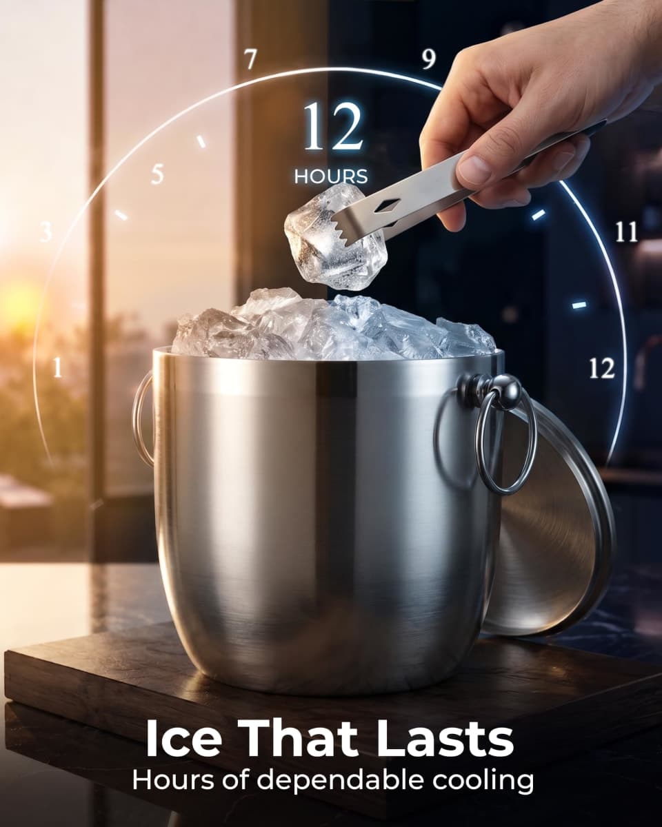 Zulay 3 Liter Double-Wall Insulated Ice Bucket for Cocktail Bar - Ice Buckets for Parties, Outdoor & Indoor - Stainless Steel Ice Bucket with Lid, Strainer & Tongs Included thumbnail 3
